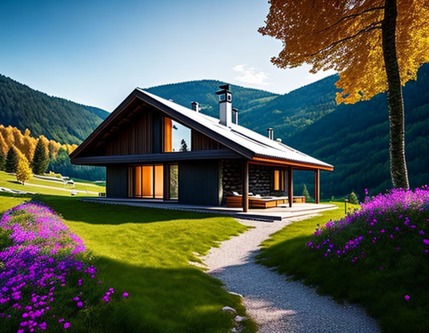 Modern cabin with sloped roof in green landscape with purple flowers and lush trees