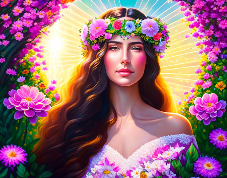 Woman with long brown hair and floral crown in sunlit garden surrounded by pink flowers