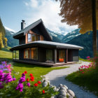 Modern cabin with sloped roof in green landscape with purple flowers and lush trees