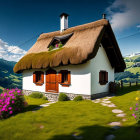 White Cottage with Green Roof and Flowers in Front of Lush Green Hills