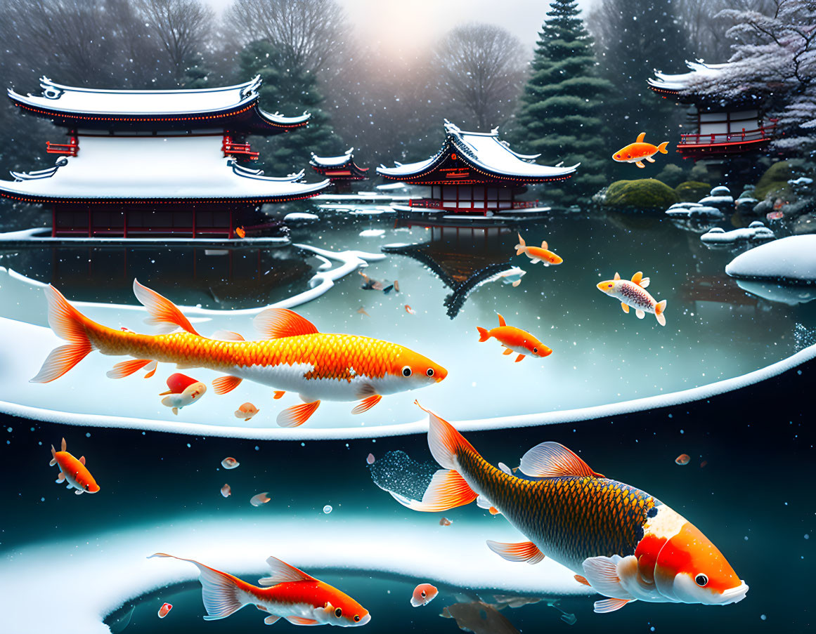 Vibrant orange koi fish in frozen Japanese garden pond
