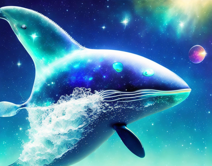 Star-filled cosmic whale swimming through space with planets and stars.