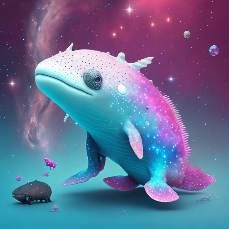 Colorful Whale Unicorn Floating in Space with Stars and Fish