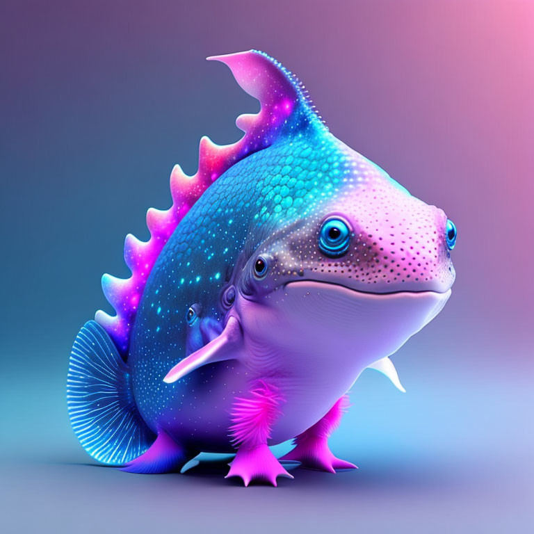 Vibrant digital art: whimsical fish-dinosaur creature with playful expression