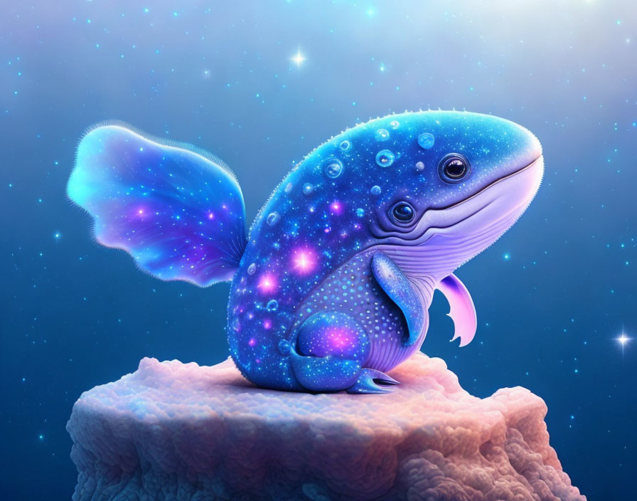 Colorful Cosmic-Themed Whale on Coral Against Starry Space