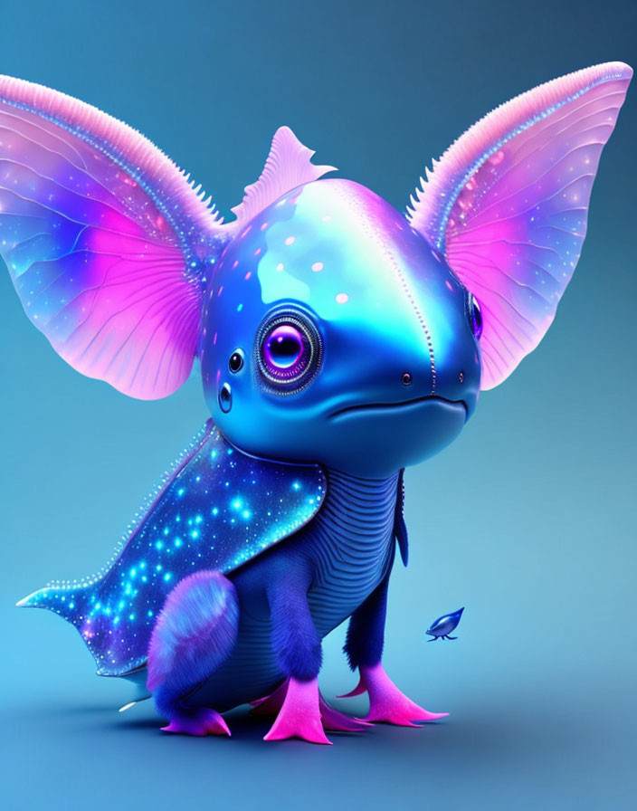 Blue whimsical creature with pink wings and cosmic fins on blue background