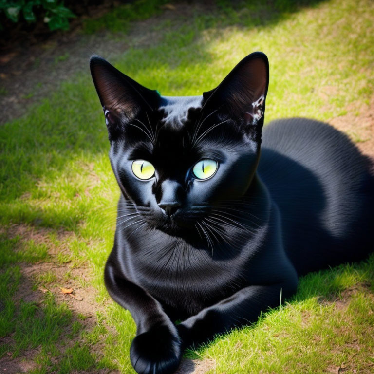Black Cat with Yellow Eyes Relaxing on Green Lawn in Sunlight