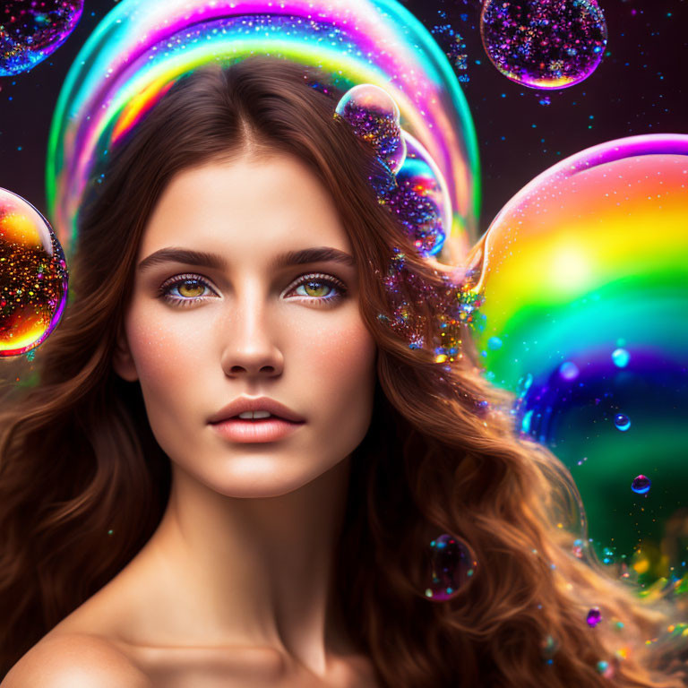 Young Woman with Wavy Hair and Captivating Eyes in Colorful Soap Bubbles
