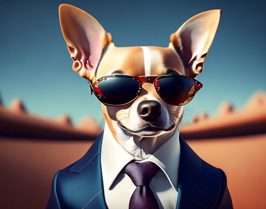 Chihuahua in Suit and Sunglasses in Desert Setting