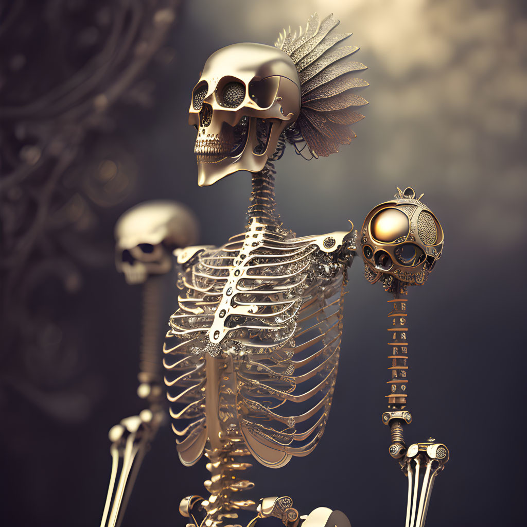 Golden humanoid skeleton with intricate skull design and mohawk crest on blurred backdrop