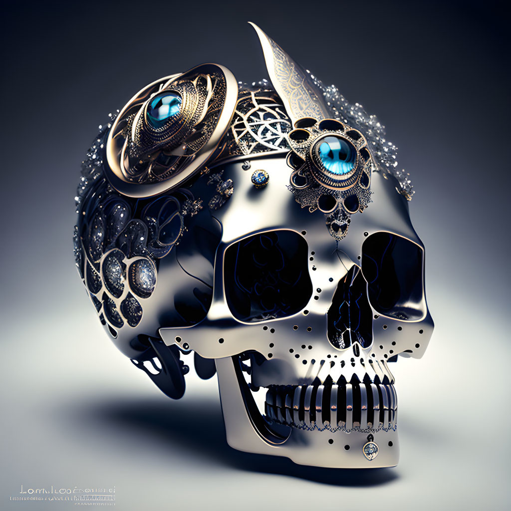 Intricately designed metallic skull with gemstones and mechanical elements