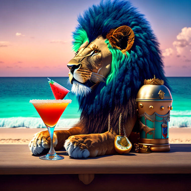Majestic lion with lush mane at beach with cocktail and gold can
