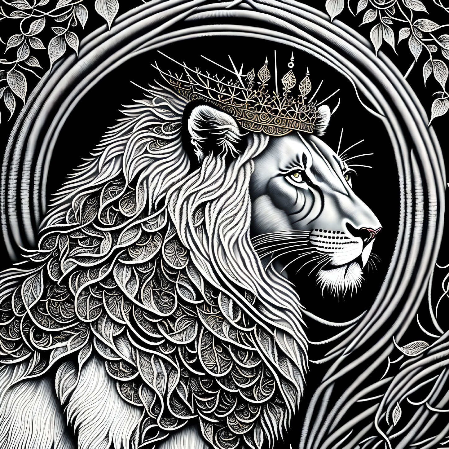 Detailed monochromatic lion illustration with crown and swirling patterns