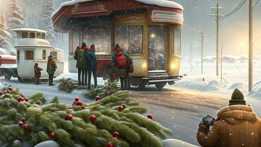 Vintage tram decorated with Christmas lights in snowy scene with festive tree and people boarding.