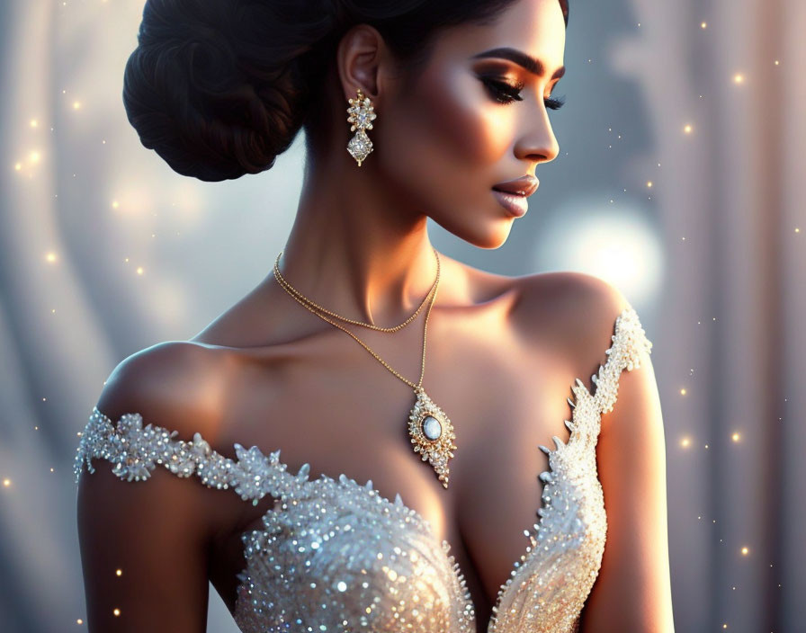 Sophisticated woman in glittering dress and jewelry with stylish updo gazes into distance.