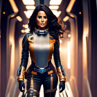 Futuristic woman in blue and yellow suit with blaster in sci-fi corridor