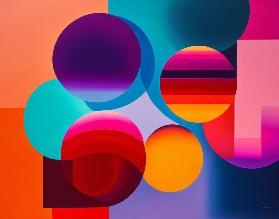 Colorful Abstract Artwork with Overlapping Circles and Squares in Rich Palette