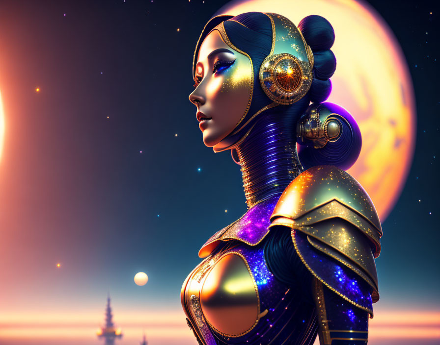 Detailed metallic female robot against surreal sky with moon and stars