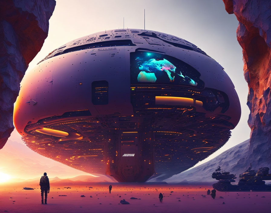 Person on alien desert planet views futuristic spaceship at sunset