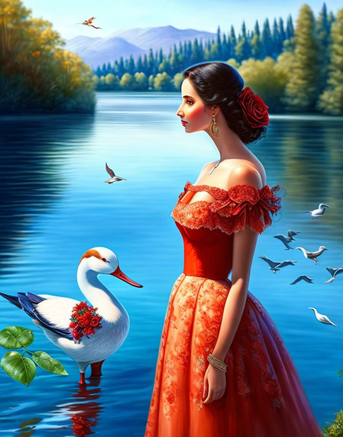Woman in Red Gown by Tranquil Lake with Swans and Birds