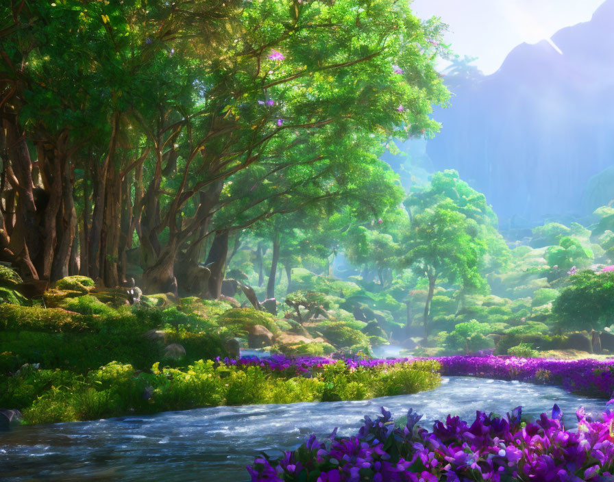 Tranquil Forest Scene with Sunlight, Stream, Trees, and Flowers
