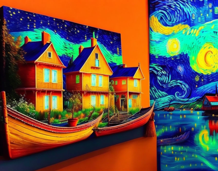 Colorful reinterpretation of "Starry Night" with houses and boats on orange wall