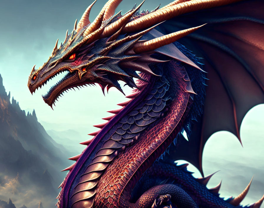 Detailed illustration of fearsome dragon with red eyes, sharp horns, and purple scales against jagged mountains