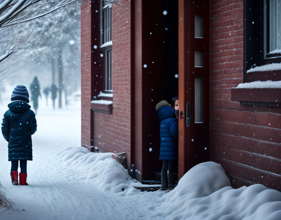 Children in winter coats near red brick building in snowfall