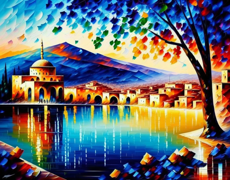 Colorful painting of mosque, buildings, tree, and mountains by waterfront
