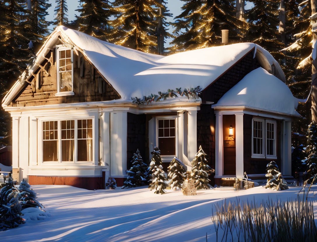 Snow-covered Cottage Surrounded by Pine Trees at Golden Hour