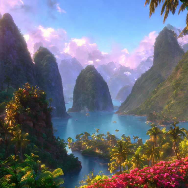 Tranquil tropical landscape with lush greenery, bay, boats, and mountains