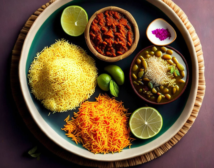 Plate of Indian cuisine with two types of rice, lentils, condiments, lime, and spicy
