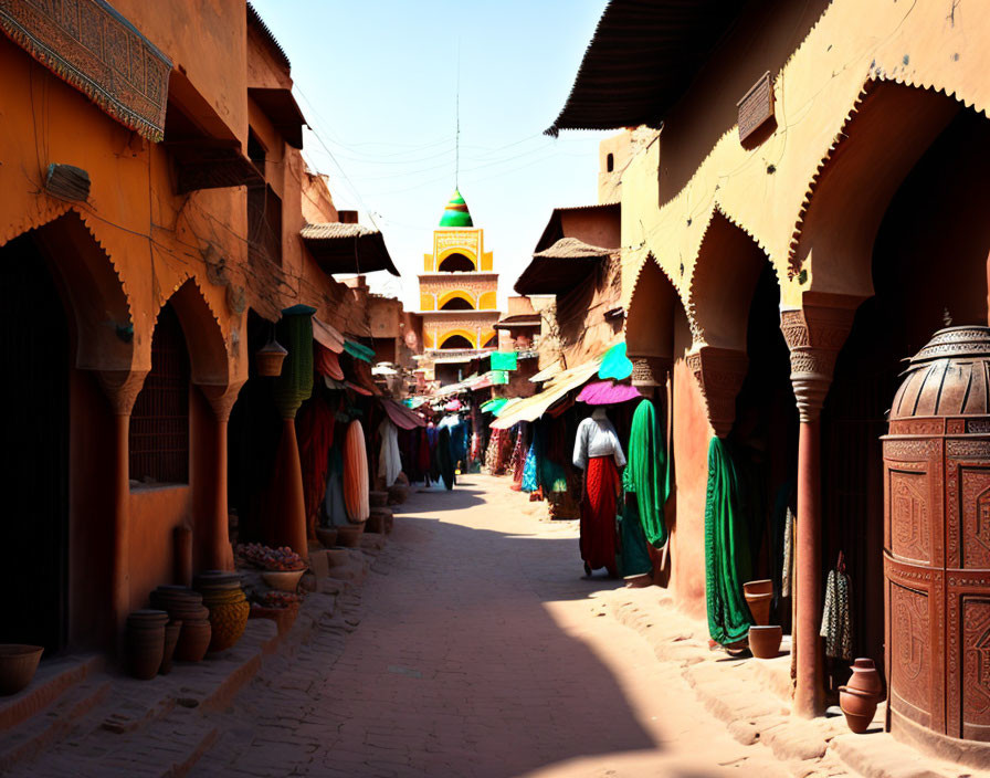 Traditional market street with vendors, colorful fabrics, and terracotta buildings