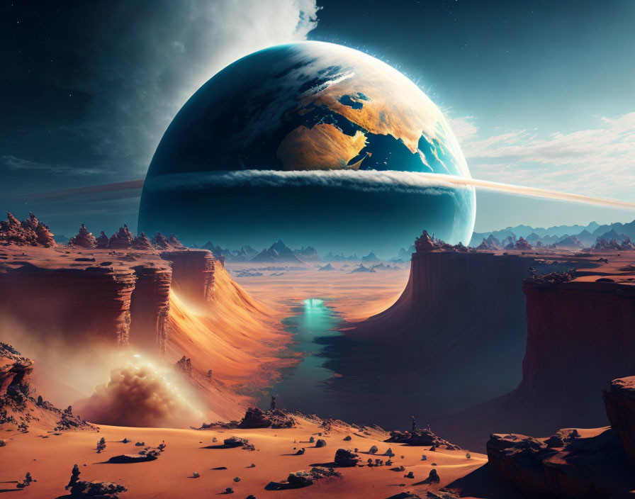Alien desert landscape with Earth-like planet and luminous sky