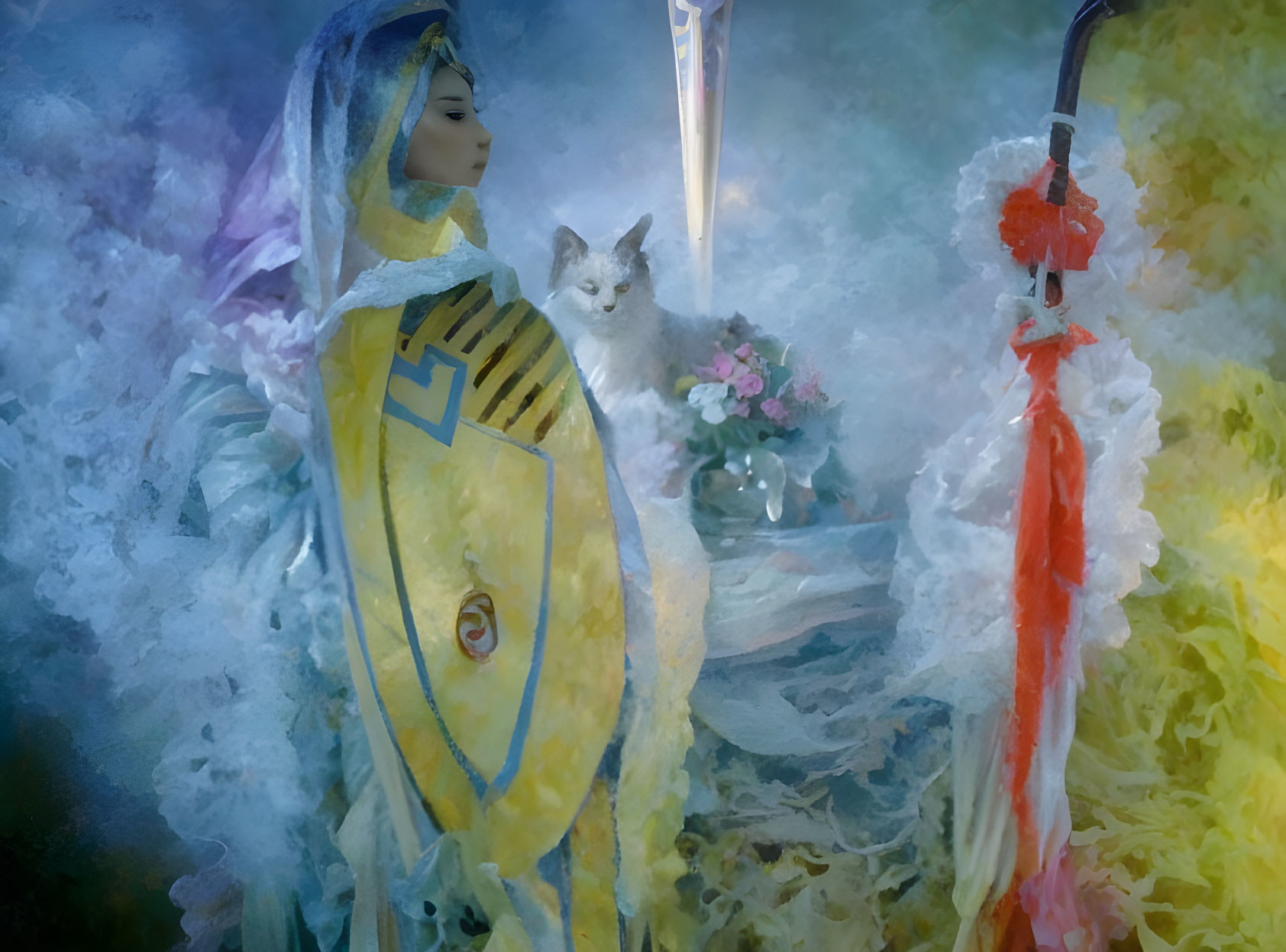 Figure in Yellow and Blue Robes with Cat in Dreamlike Setting