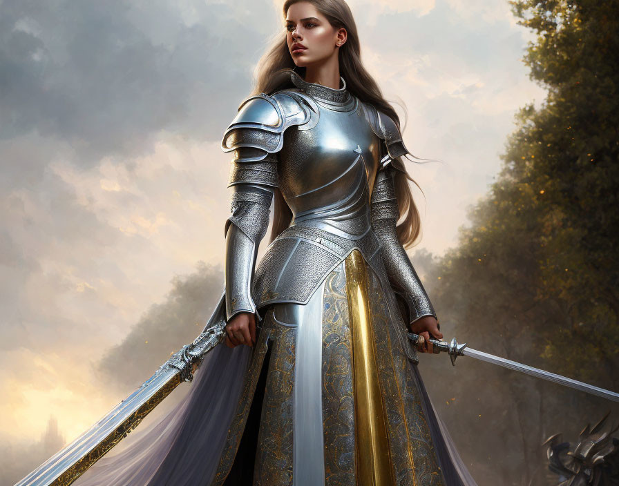 Female warrior in shiny armor wields sword in mystical forest setting