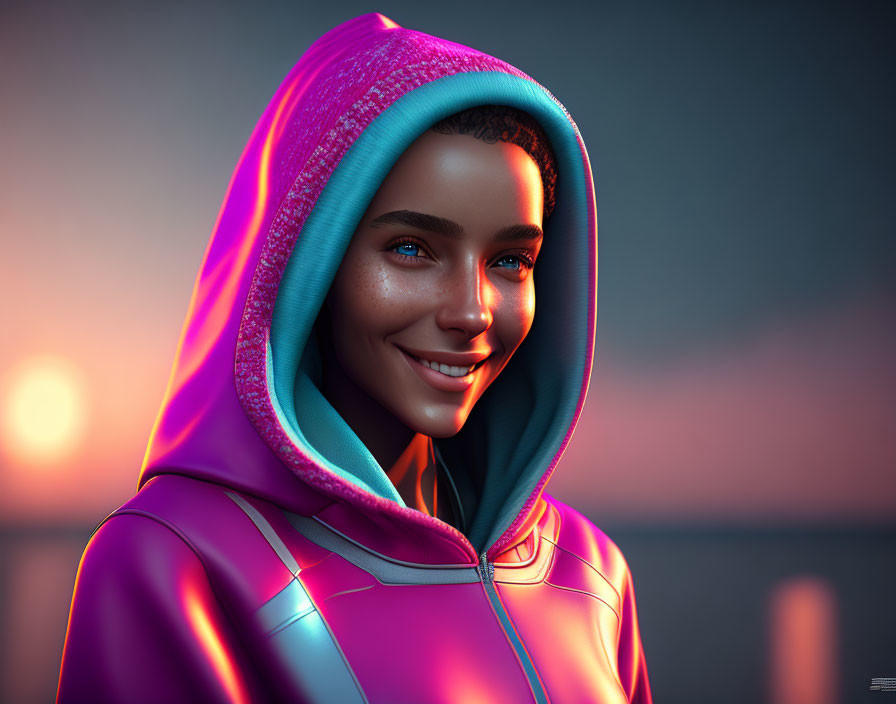 Smiling woman digital portrait with freckles in pink and blue hoodie by sunset sea
