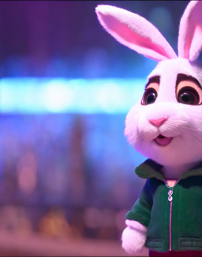 Animated Rabbit with Large Eyes in Green Jacket on Colorful Background