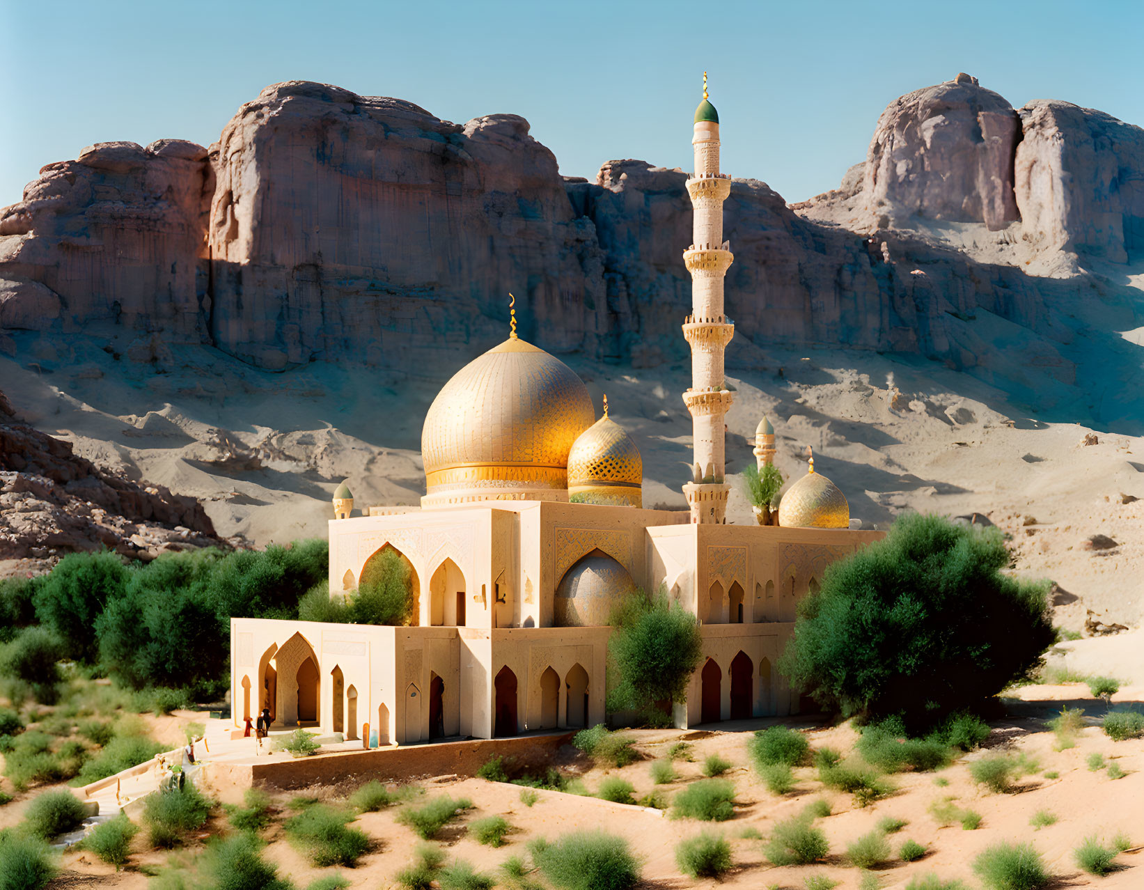 Golden dome and minaret mosque in desert cliffs landscape