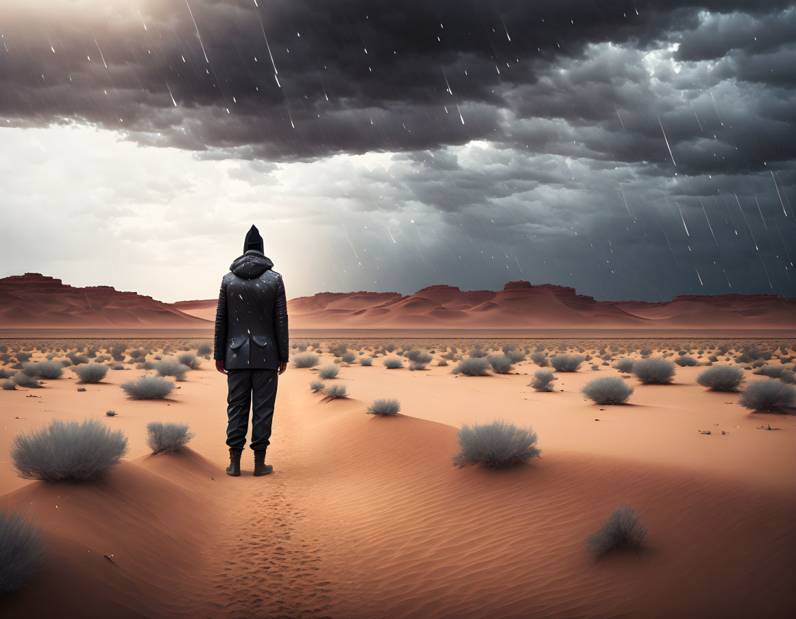 Person in Black Hooded Cloak Standing in Desert Storm