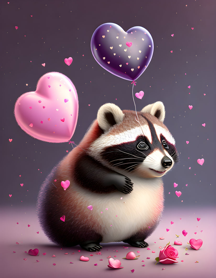 Illustrated raccoon with heart-shaped balloons among small hearts