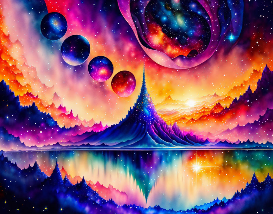 Colorful cosmic scene with planets, galaxy, pine trees, and sunset reflection