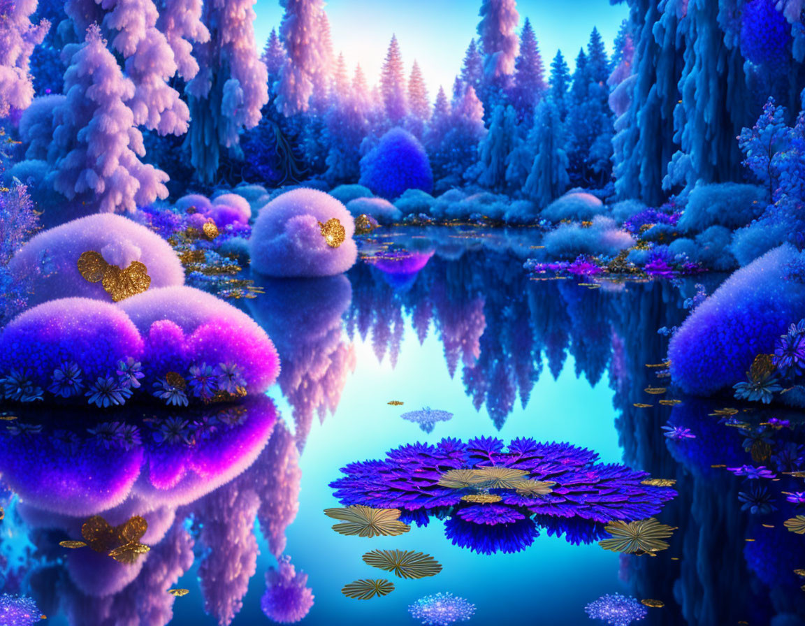 Colorful fairy-tale landscape with purple and pink hues, reflecting trees and bushes on tranquil lake at