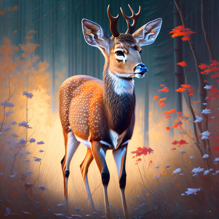 Colorful Deer Illustration in Mystical Forest with Prominent Eyes and Antlers
