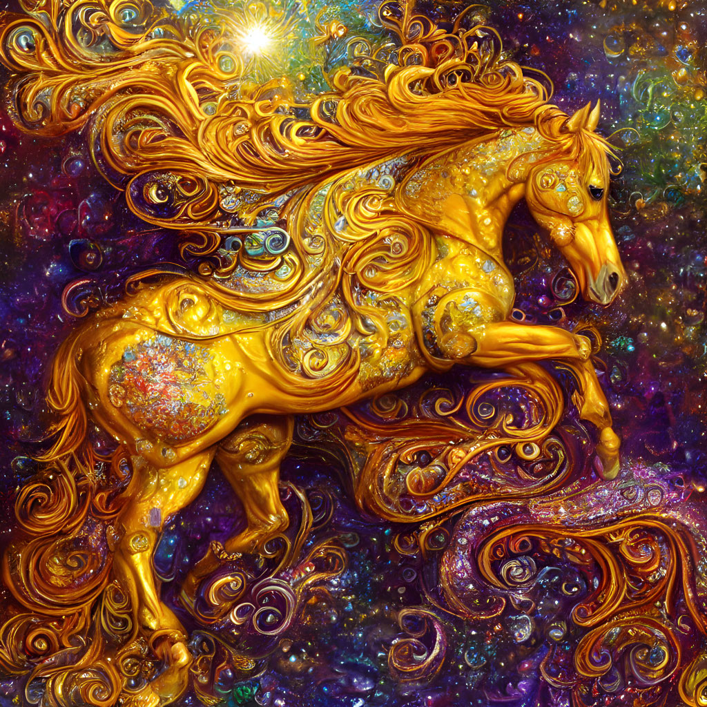 Golden horse with flowing mane in cosmic background