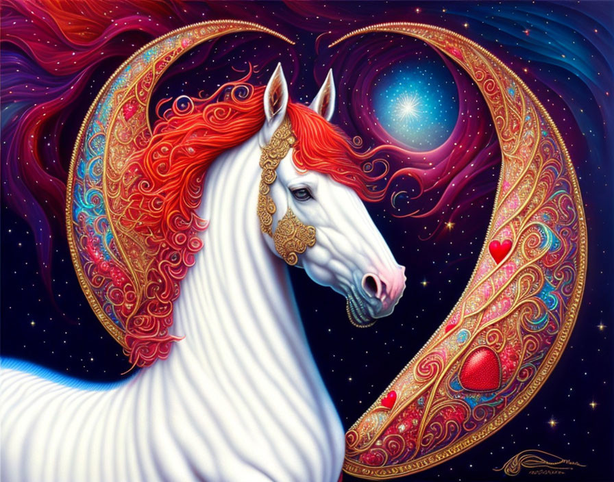 White Horse with Red Mane and Gold Ornaments under Crescent Moon