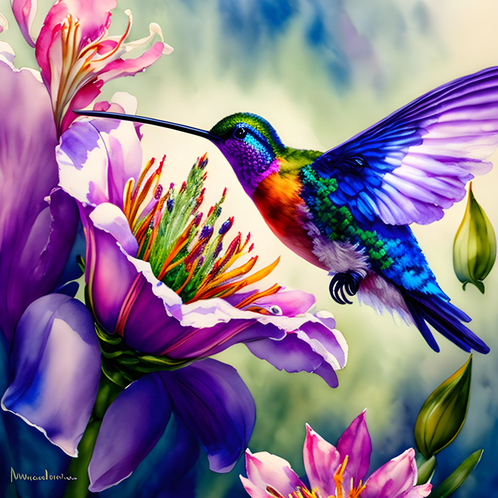 Colorful hummingbird feeding on nectar from purple flowers
