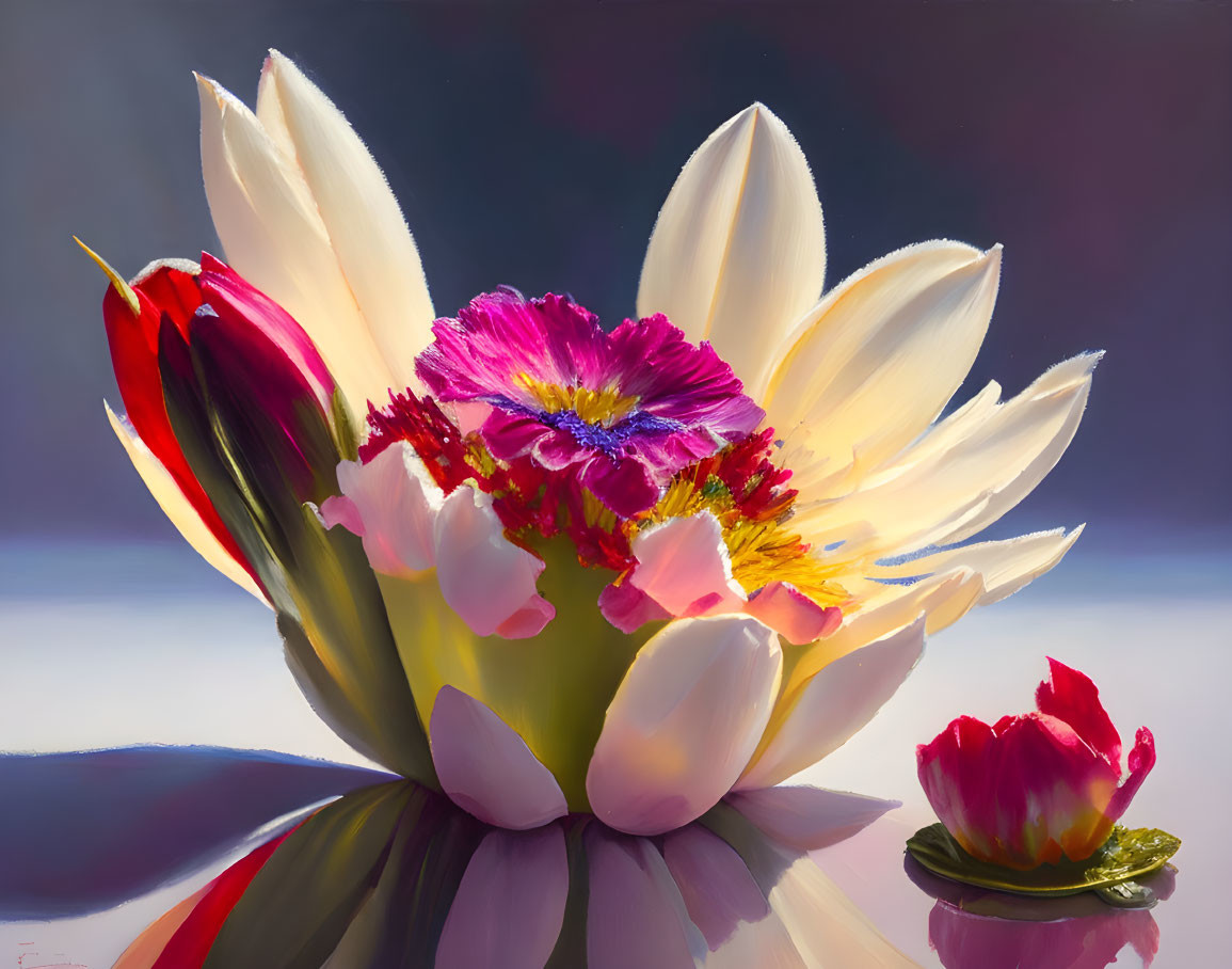 Colorful flower painting with white petals and red center on purple background