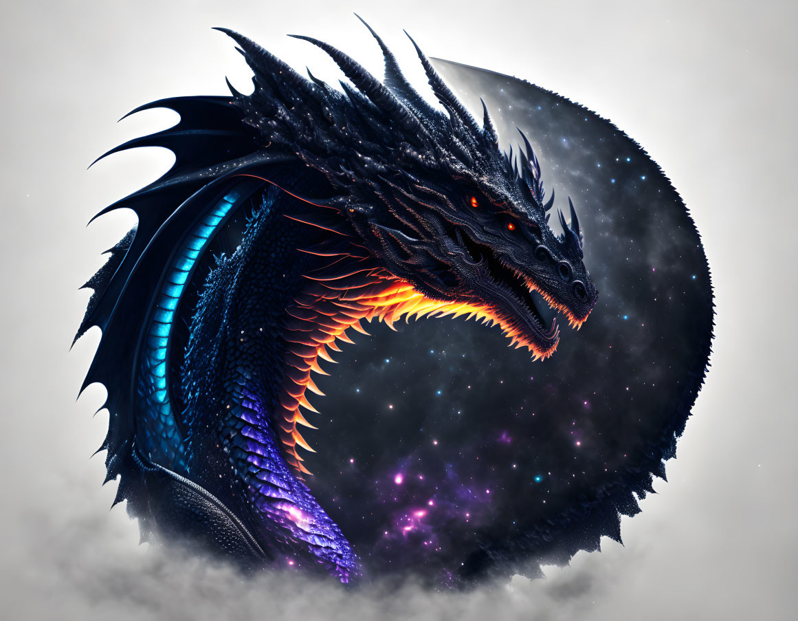 Black dragon with blue underbelly and cosmic background in circular silhouette.