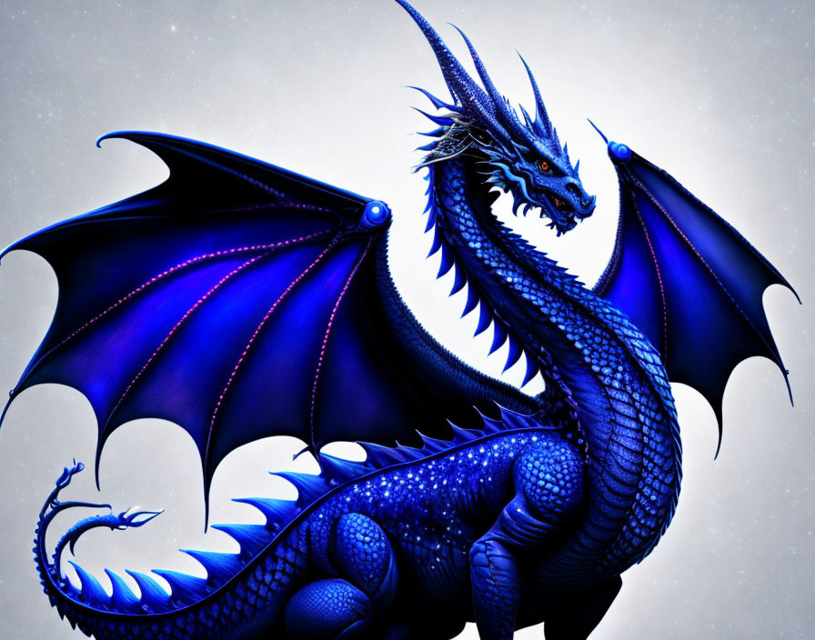 Blue dragon with large wings and glowing red eyes in starry background